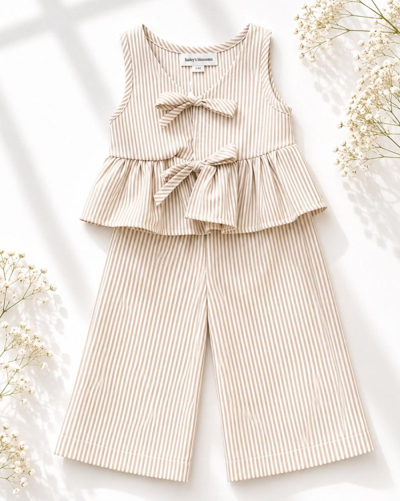 Elowen Tie Front Two-Piece Set - Oat Milk Pinstripe - 2
