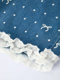 Spring Bow Dot Denim Ruffle Top and Pants Set 3/4 Pants - 5