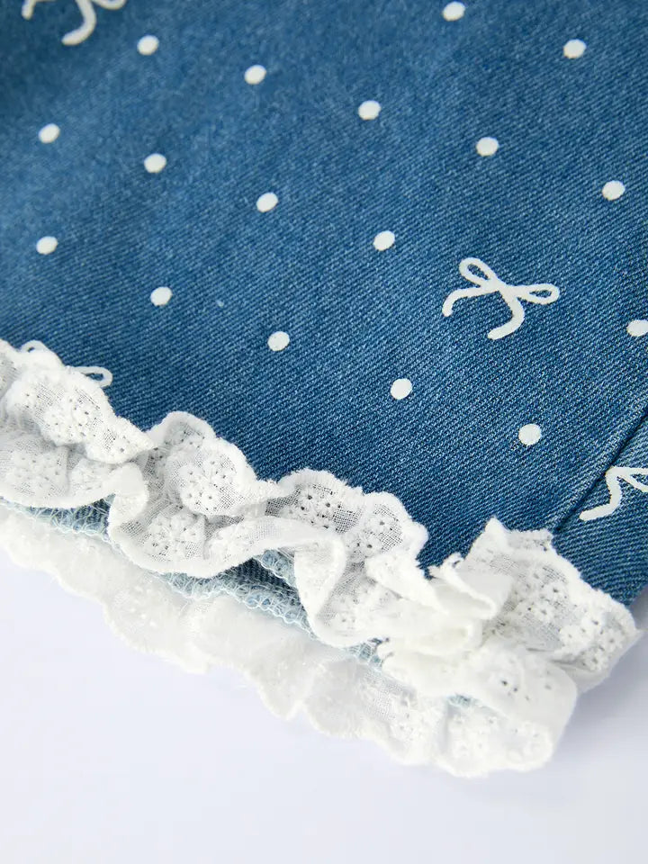 Spring Bow Dot Denim Ruffle Top and Pants Set 3/4 Pants - 5