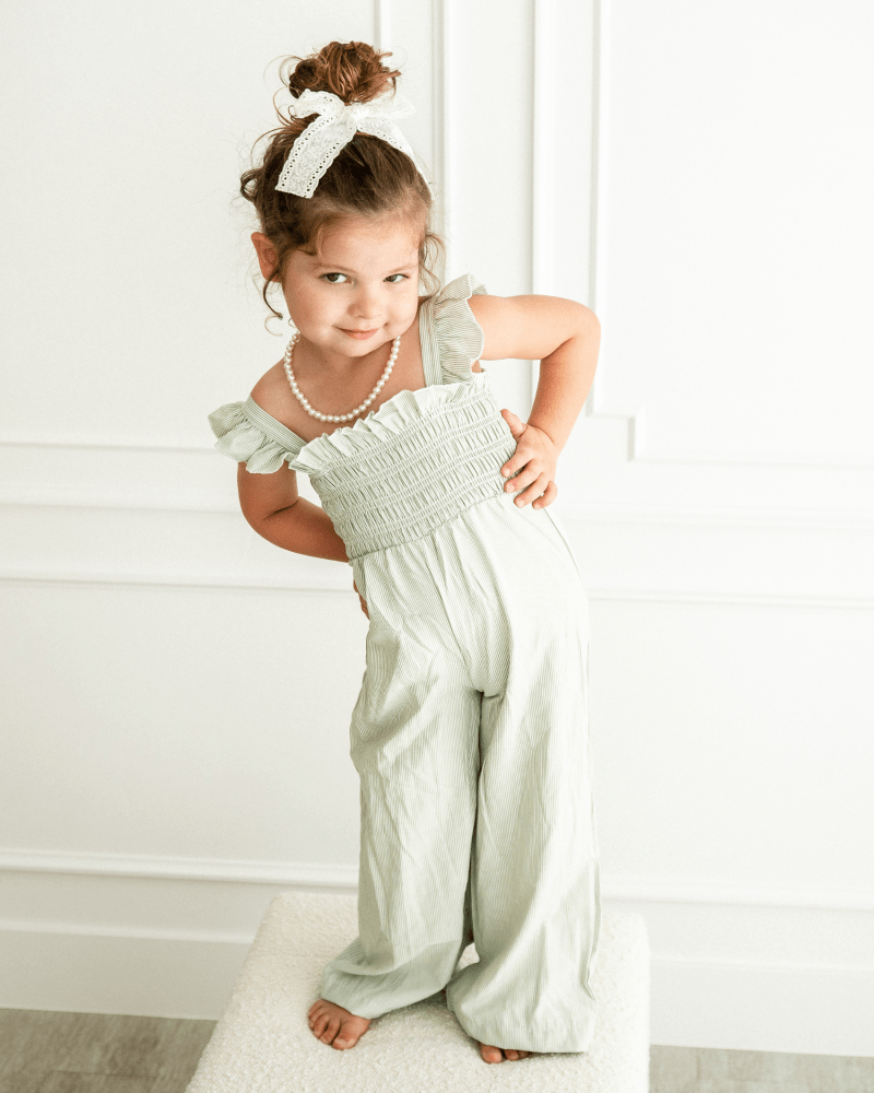 Goldie Smocked Jumpsuit - Sage Pinstripe - 3