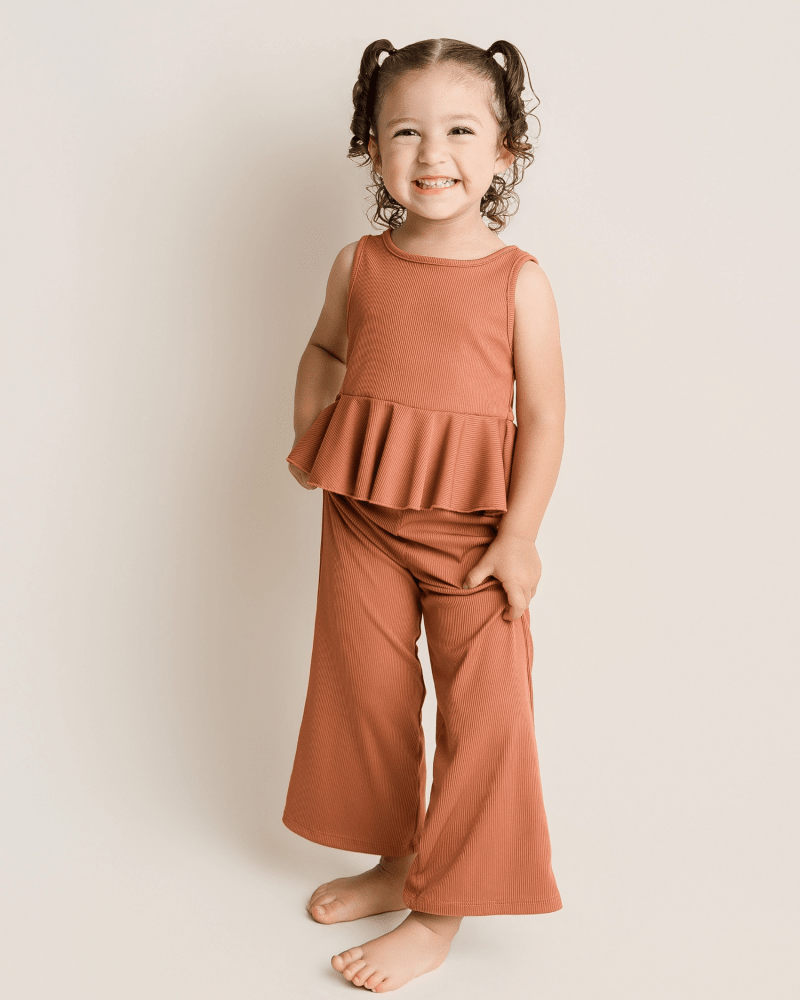 Hattie Peplum Top Two-Piece Wide Leg Set - Copper Ember - 1