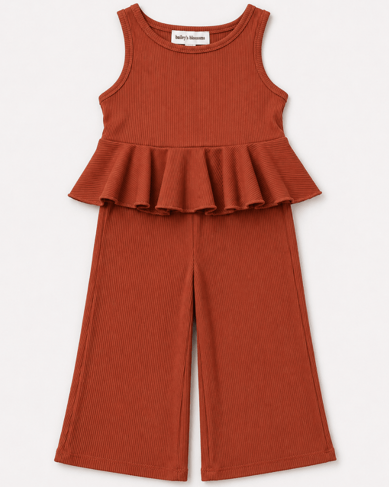 Hattie Peplum Top Two-Piece Wide Leg Set - Copper Ember - 2