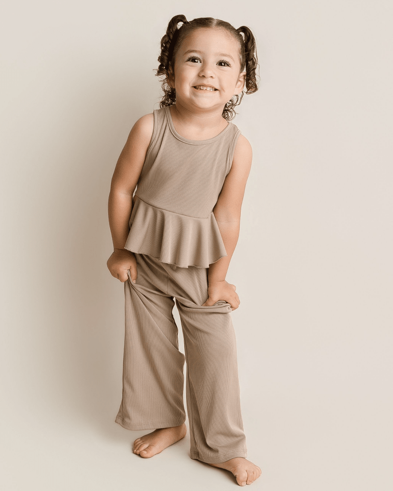 Hattie Peplum Top Two-Piece Wide Leg Set - Oatmilk