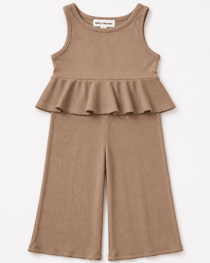 Hattie Peplum Top Two-Piece Wide Leg Set - Oatmilk - 2