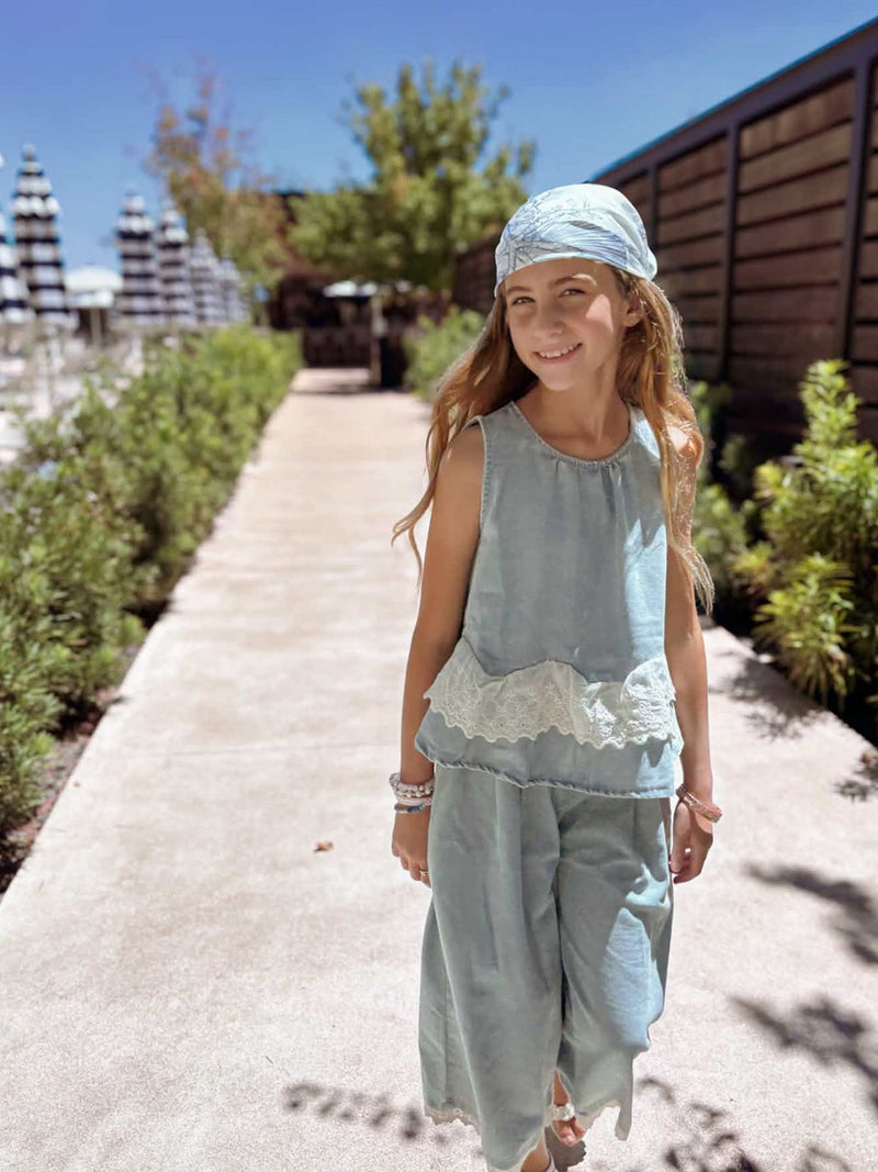 Summer Light Color Denim Lace Girls Set - 1