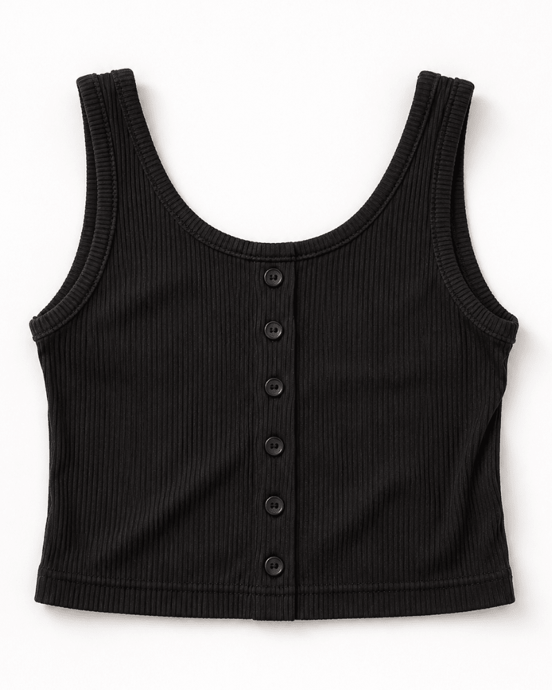 Josie Button Front Ribbed Tank - Black
