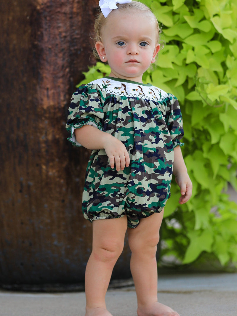 Camouflage Duck Smocking Embroidery Girls Romper - 1