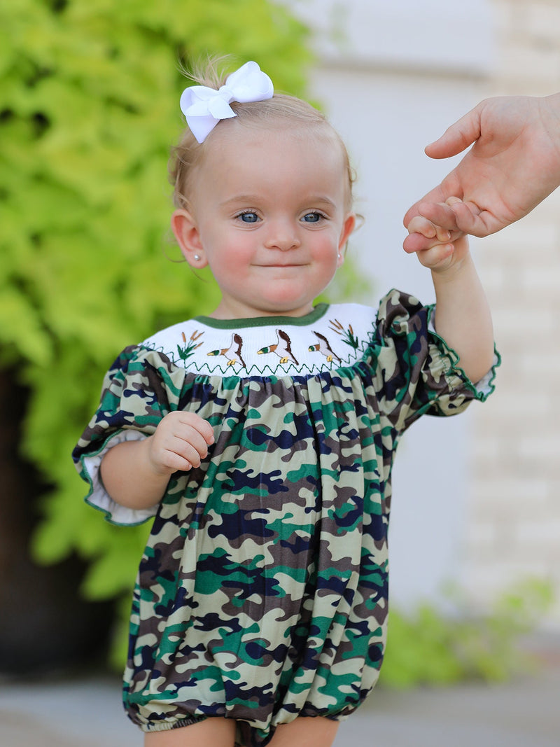 Camouflage Duck Smocking Embroidery Girls Romper - 3