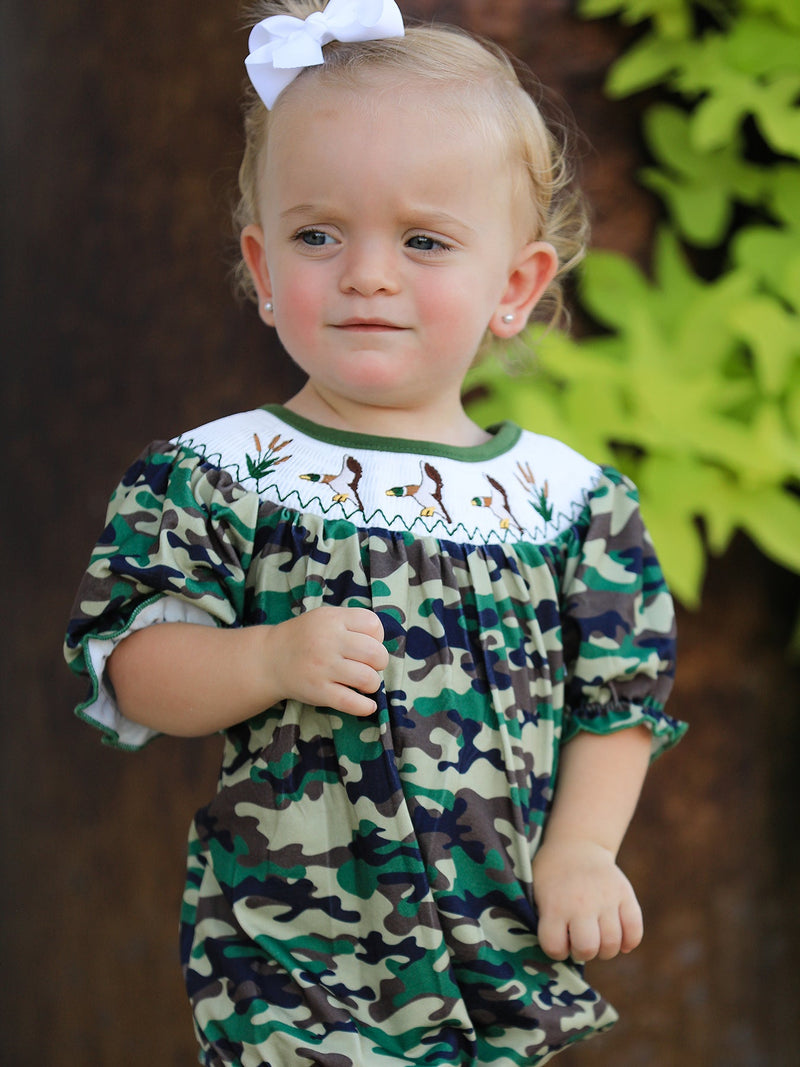 Camouflage Duck Smocking Embroidery Girls Romper - 4