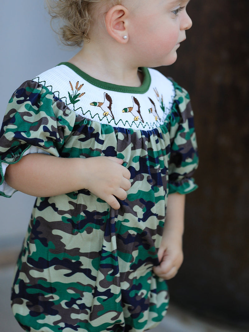Camouflage Duck Smocking Embroidery Girls Romper - 2