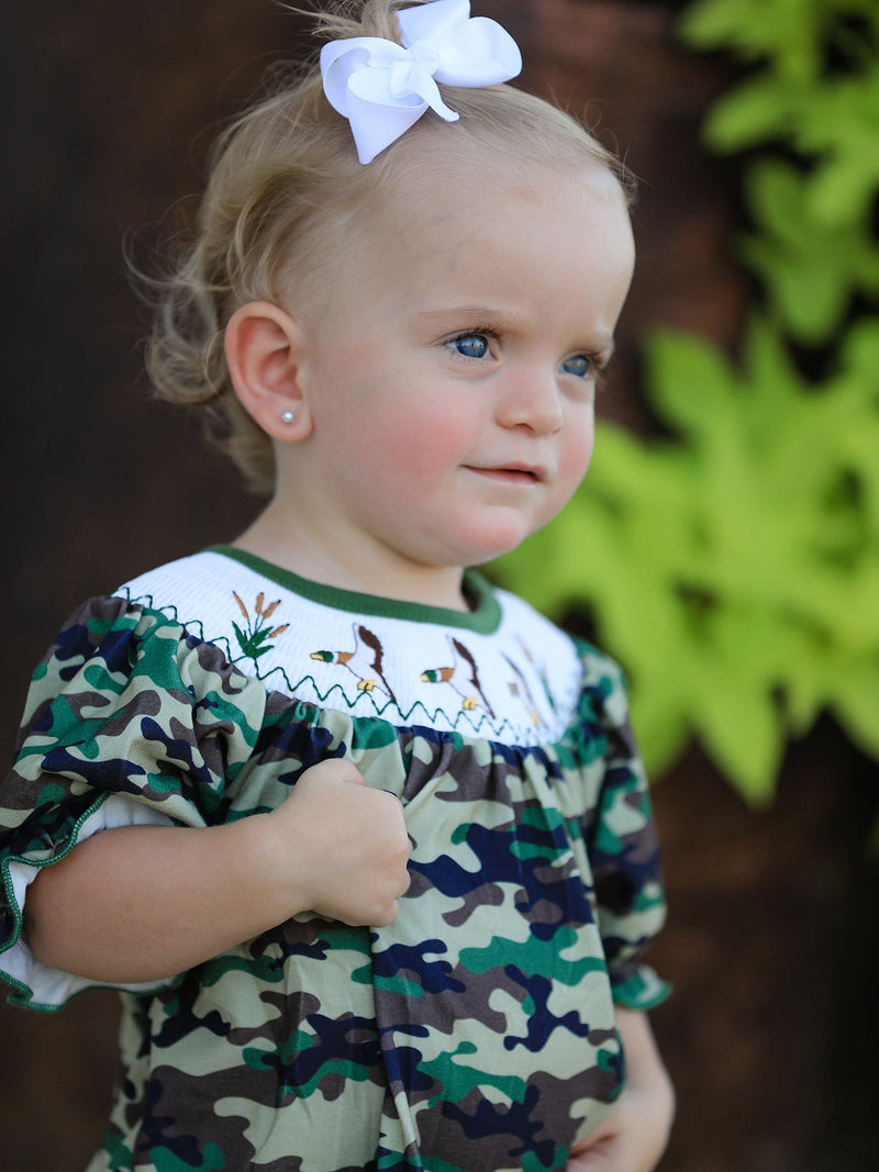 Camouflage Duck Smocking Embroidery Girls Romper - 5