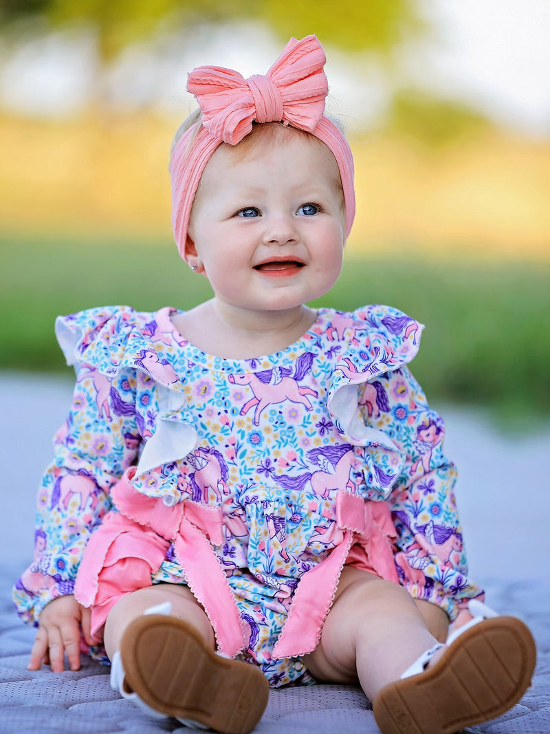 Unicorn Floral Print Girls Long Sleeve Romper - 1