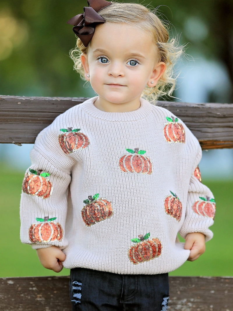 Thanksgiving Pumpkin Sequin Sweater – Beige, Perfect for Fall - 1