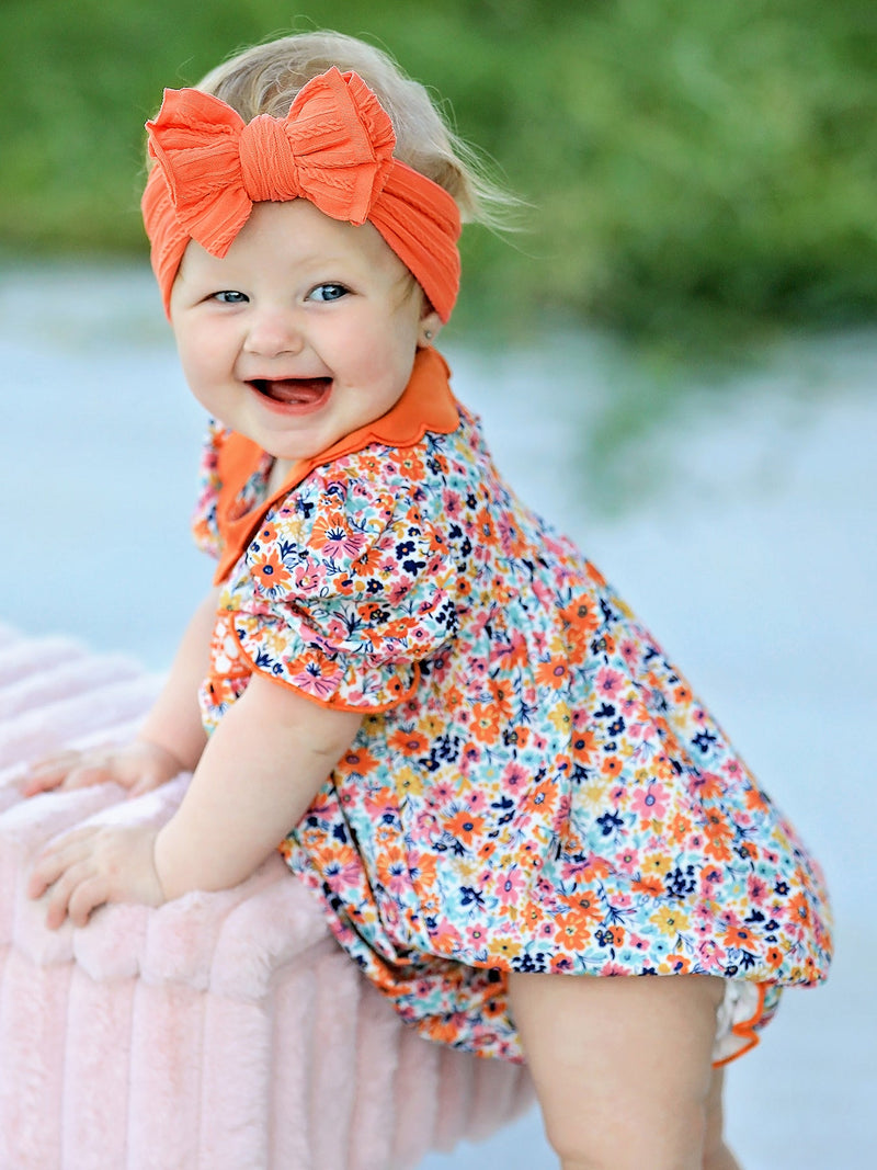 Fall Floral Smocked Petals Collar Girls Bubble Romper - 4