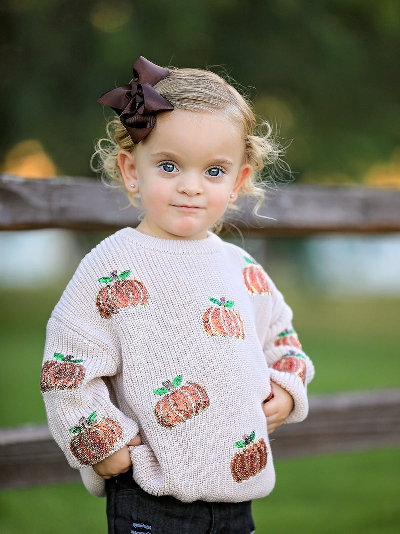 Thanksgiving Pumpkin Sequin Sweater – Beige, Perfect for Fall - 3