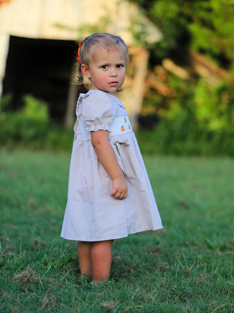 Fall Thanksgiving Pumpkin Embroidery Smock Plaid Girls Dress - 5