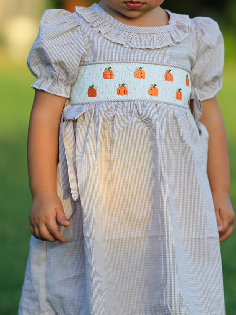 Fall Thanksgiving Pumpkin Embroidery Smock Plaid Girls Dress - 8
