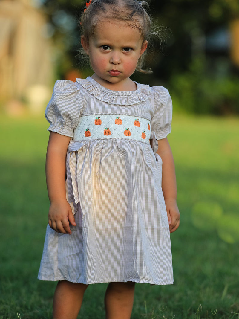 Fall Thanksgiving Pumpkin Embroidery Smock Plaid Girls Dress - 1