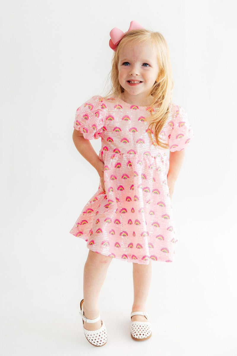Pink Rainbow Puff Sleeve Sequin Dress - 1