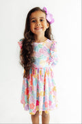 Colorful Carnations 3/4 Sleeve Ruffle Twirl Dress - 3
