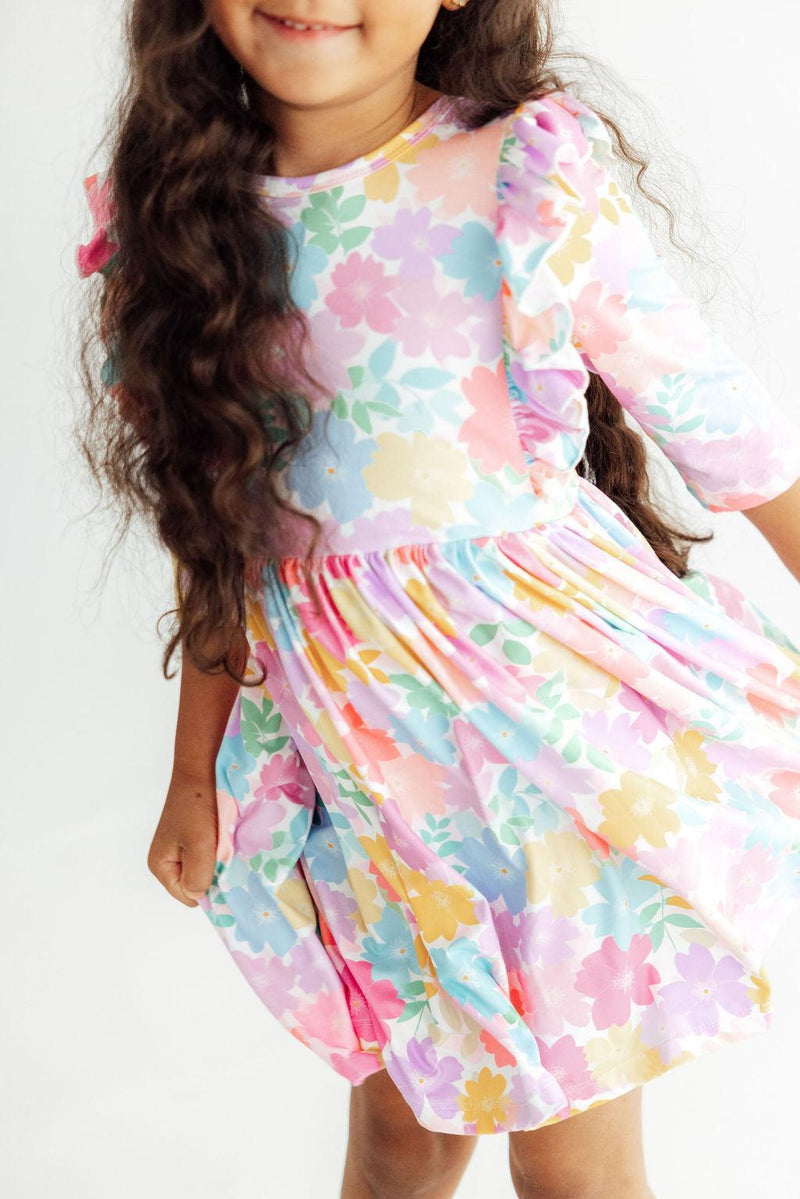 Colorful Carnations 3/4 Sleeve Ruffle Twirl Dress - 2