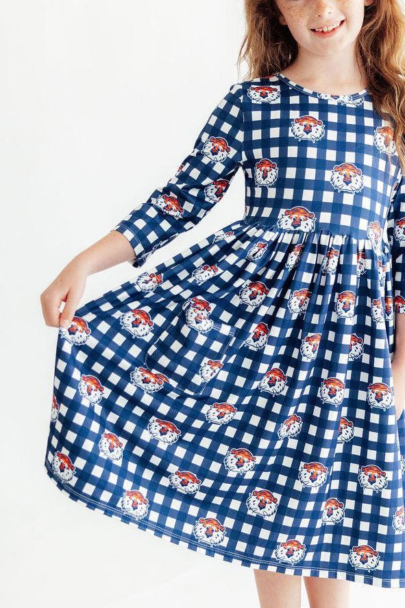 Auburn Plaid Aubie 3/4 Sleeve Pocket Twirl Dress - 4