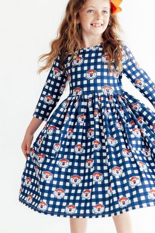 Auburn Plaid Aubie 3/4 Sleeve Pocket Twirl Dress - 3