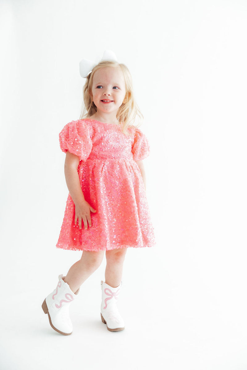 Neon Pink Puff Sleeve Sequin Dress - 3