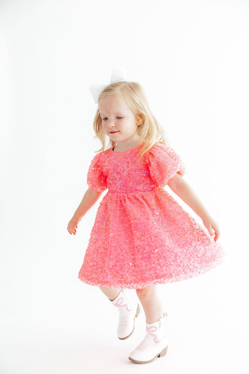 Neon Pink Puff Sleeve Sequin Dress - 4