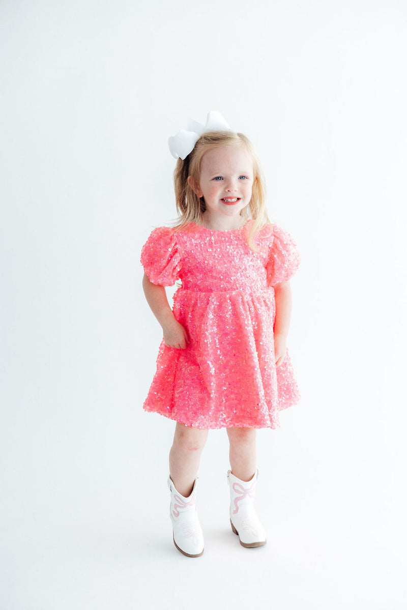 Neon Pink Puff Sleeve Sequin Dress - 5
