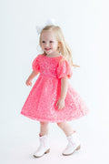 Neon Pink Puff Sleeve Sequin Dress - 1