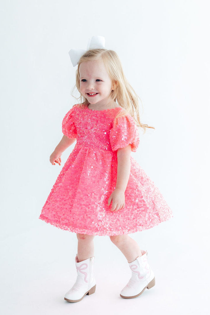 Neon Pink Puff Sleeve Sequin Dress - 1