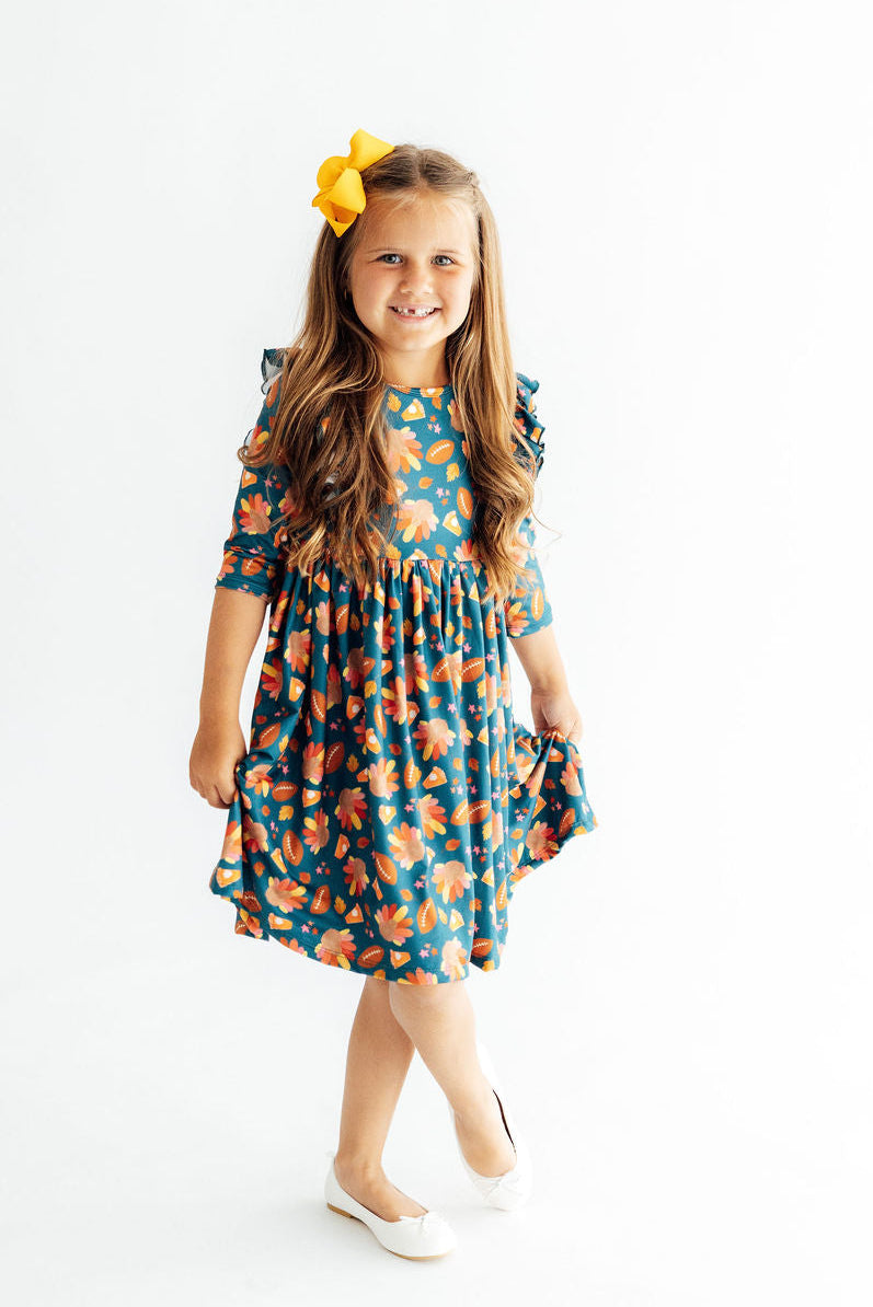 Gobble til You Wobble 3/4 Sleeve Ruffle Twirl Dress - 2
