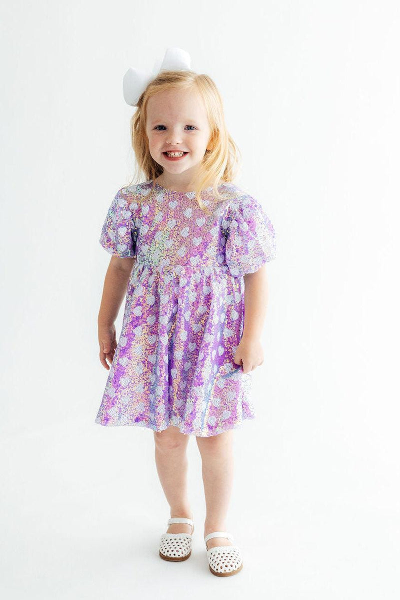 Periwinkle Heart Puff Sleeve Sequin Dress - 1