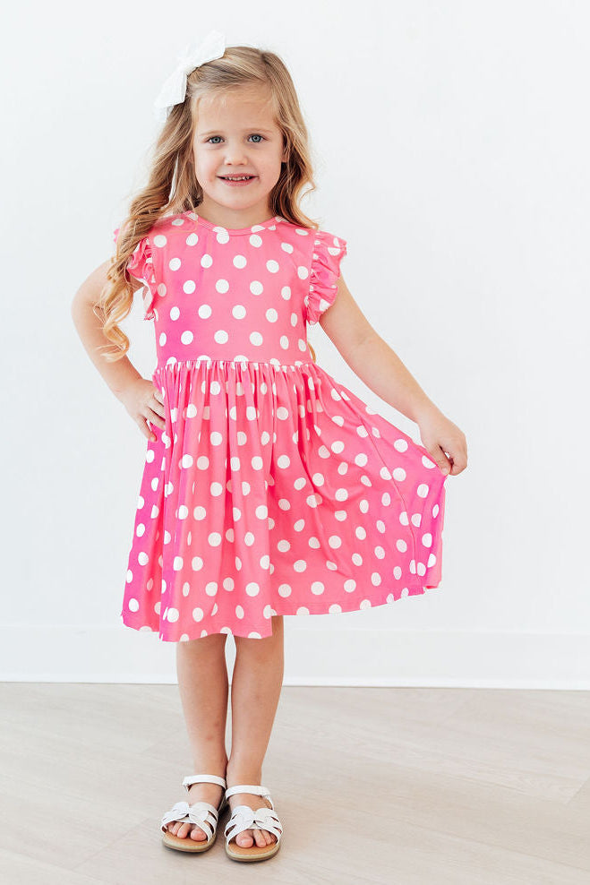 Pink Polka Dots Flutter Sleeve Twirl Dress - 3