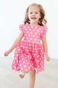Pink Polka Dots Flutter Sleeve Twirl Dress - 1