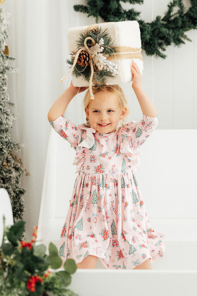 Pink Christmas 3/4 Sleeve Ruffle Twirl Dress - 1