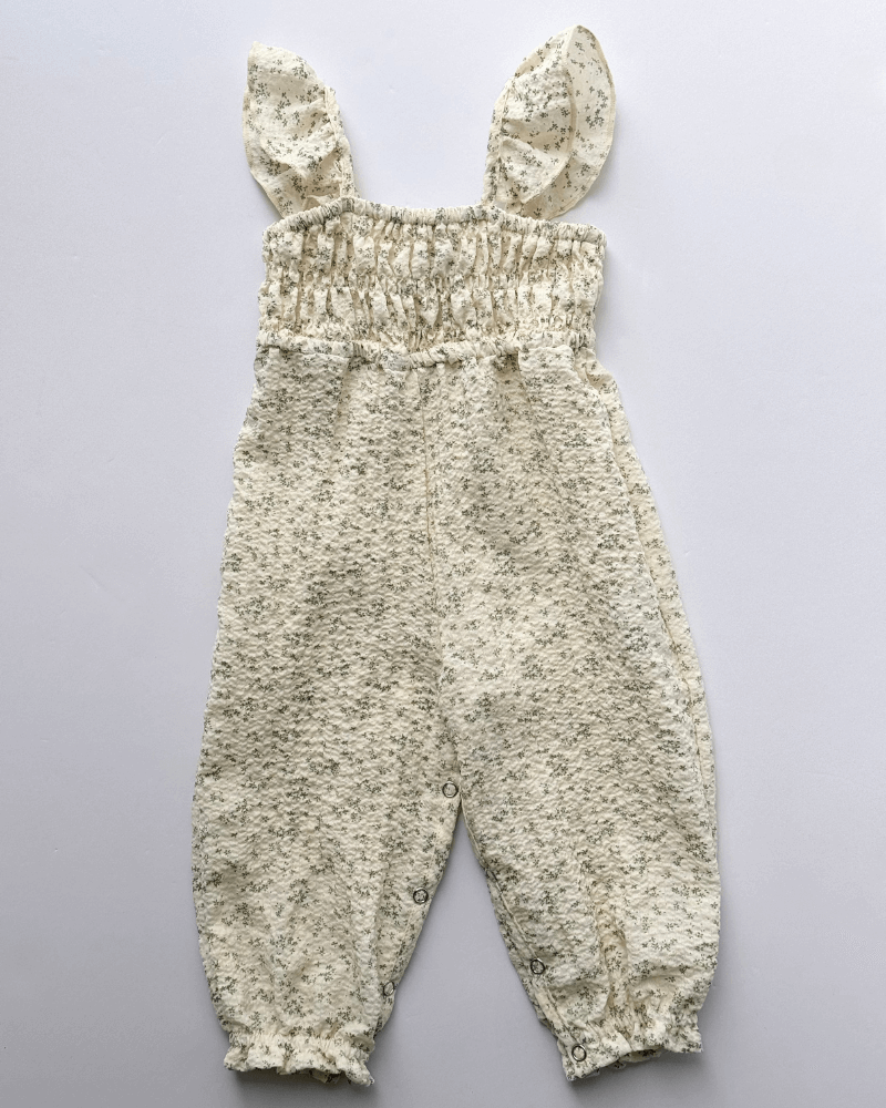 Paisley Smocked Ruffle Jumpsuit - White with Green Leaves - 4