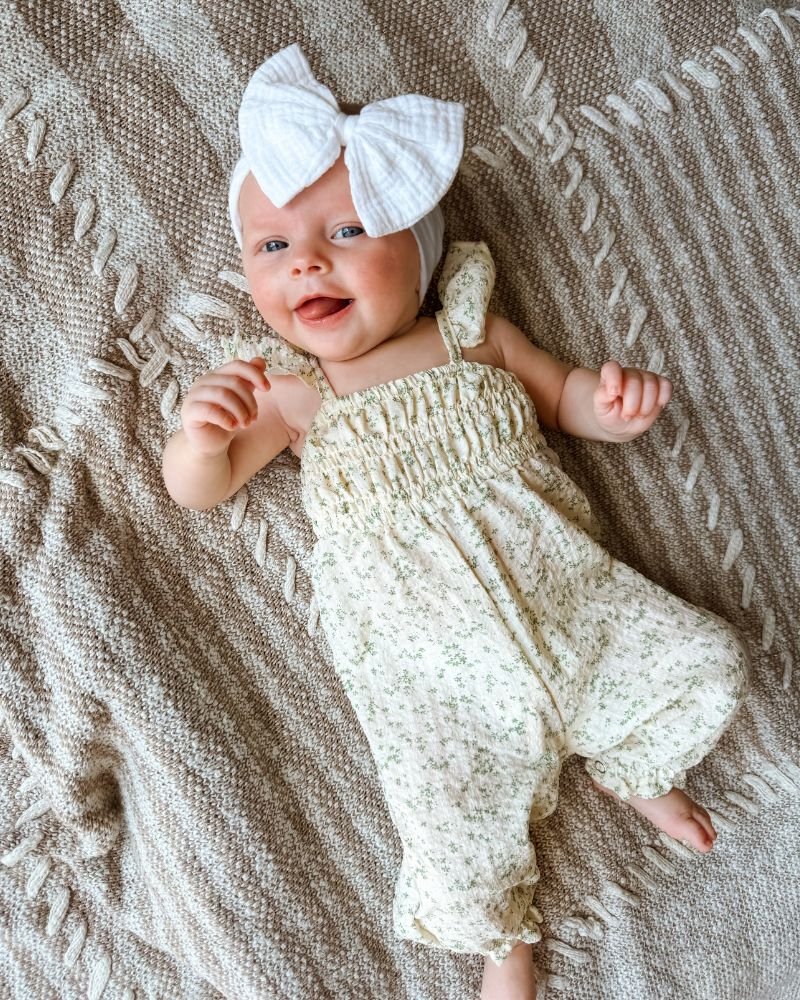 Paisley Smocked Ruffle Jumpsuit - White with Green Leaves - 1