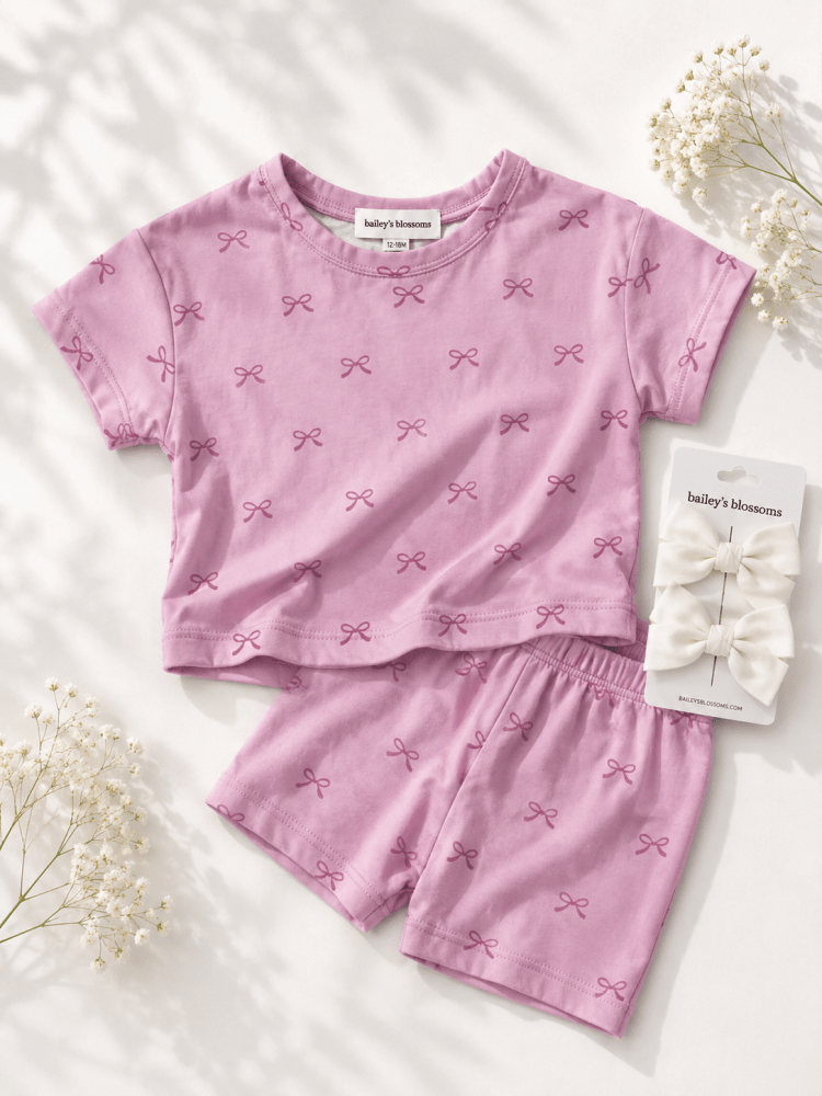 Quinn Two-Piece Lounge Set - Pink Bows - 1