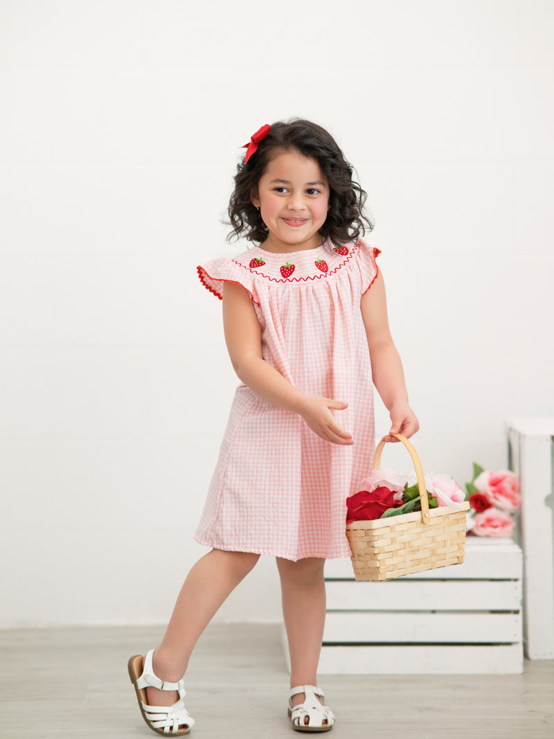 Baby Girls Strawberry Embroidered Plaid Smocked Dress - 3