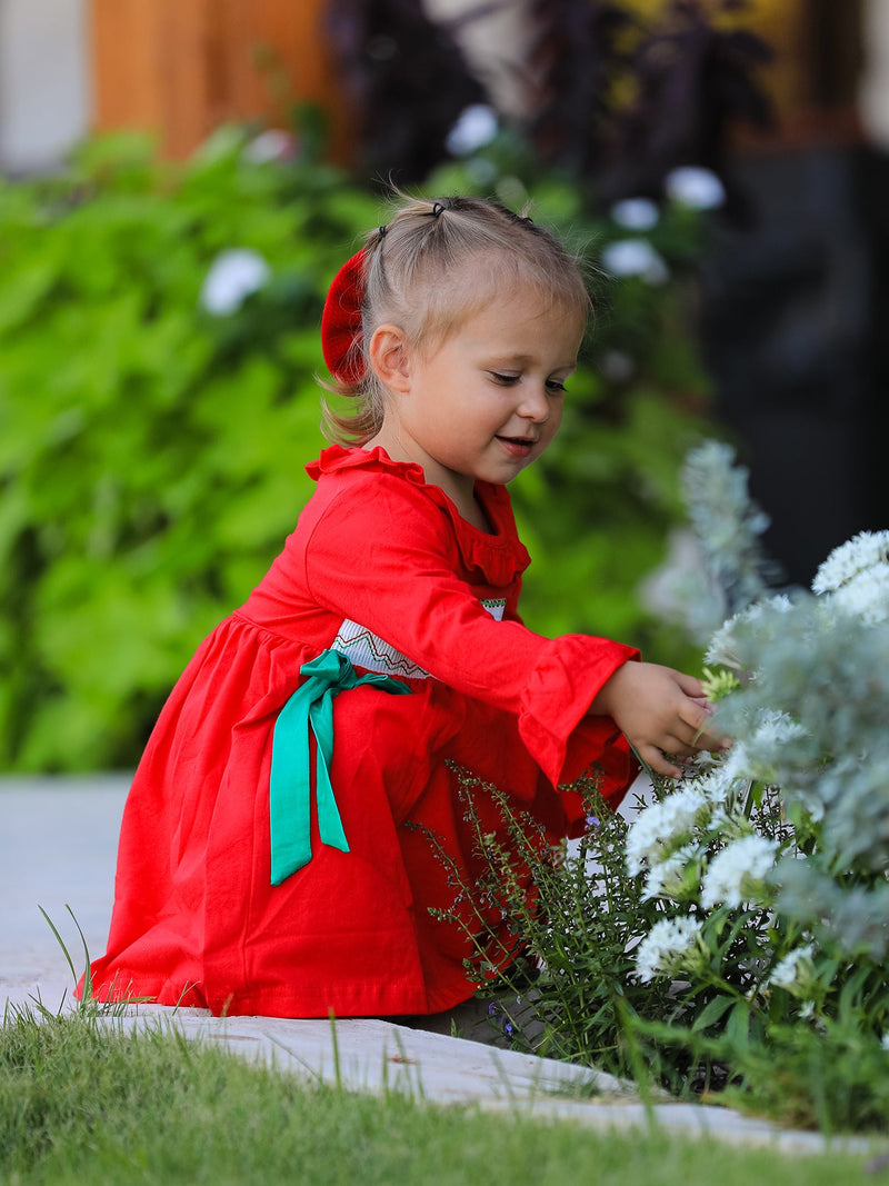 Christmas Smocked Dress with Green Bow and Tree Embroidery - 3