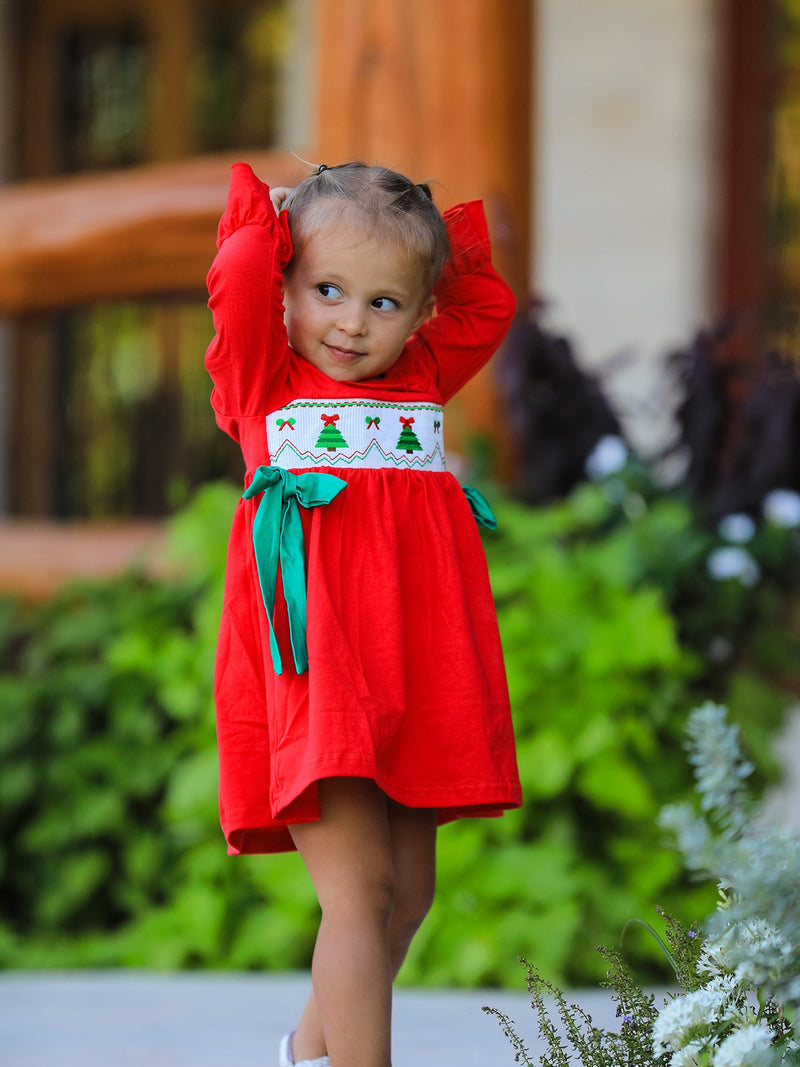 Christmas Smocked Dress with Green Bow and Tree Embroidery - 1