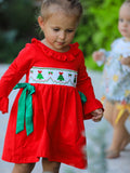 Christmas Smocked Dress with Green Bow and Tree Embroidery - 2