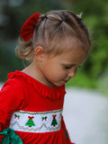Christmas Smocked Dress with Green Bow and Tree Embroidery - 5
