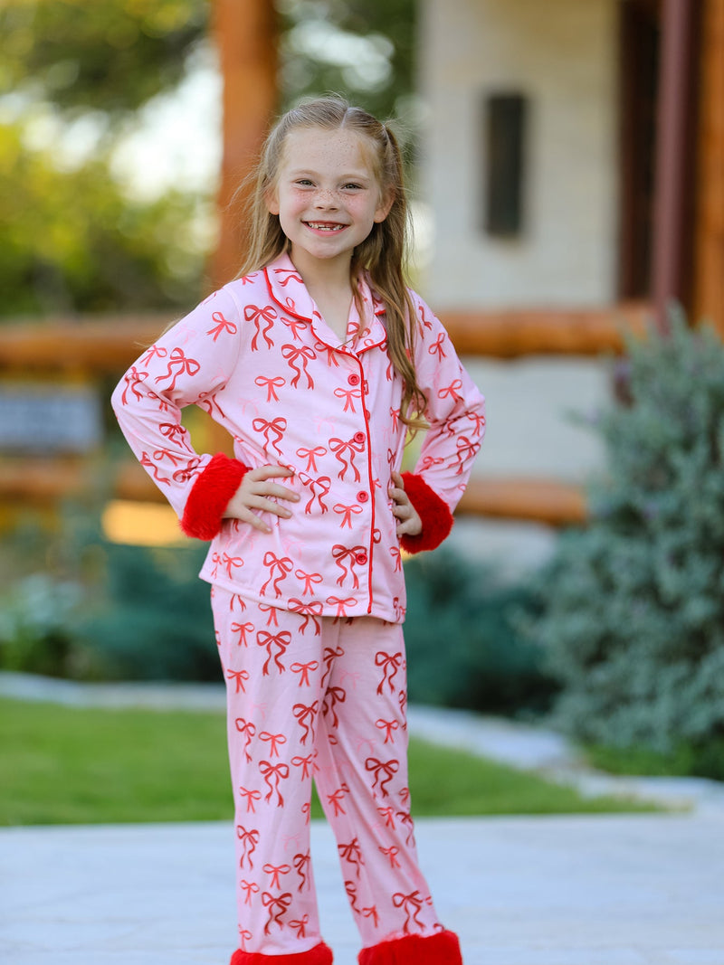 Bow Girls Pajama Set with Furry Trim - 2
