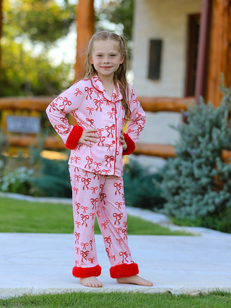 Bow Girls Pajama Set with Furry Trim - 1