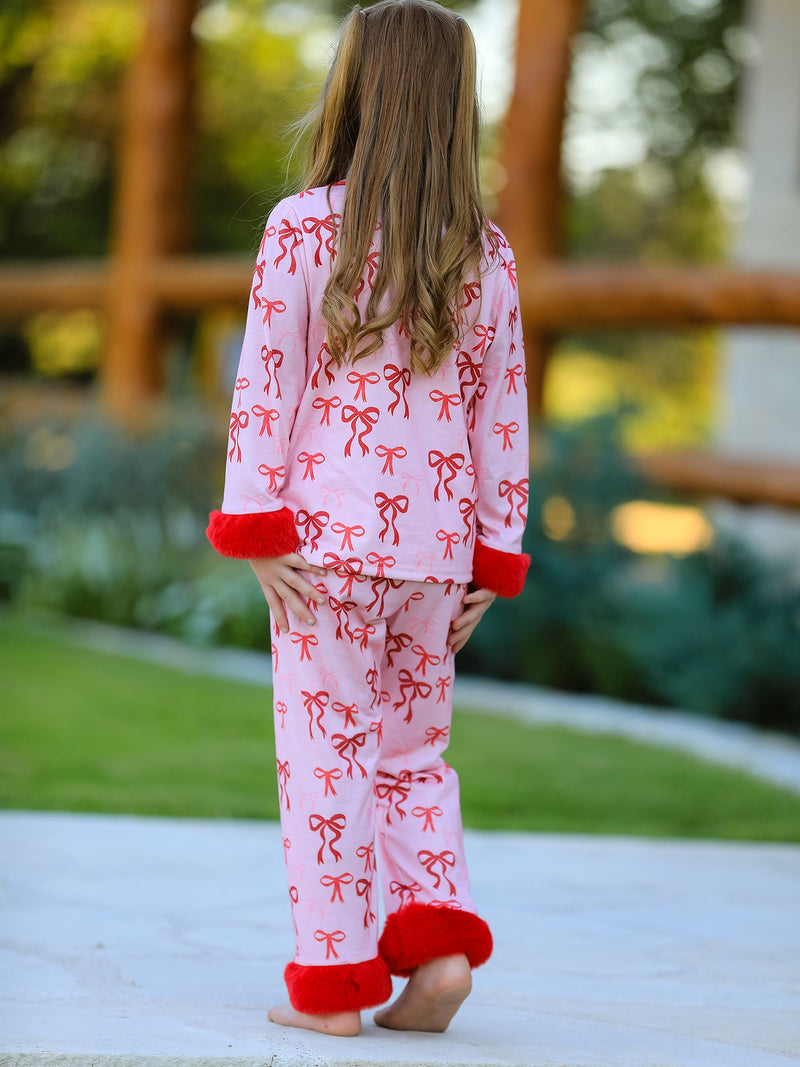 Bow Girls Pajama Set with Furry Trim - 4