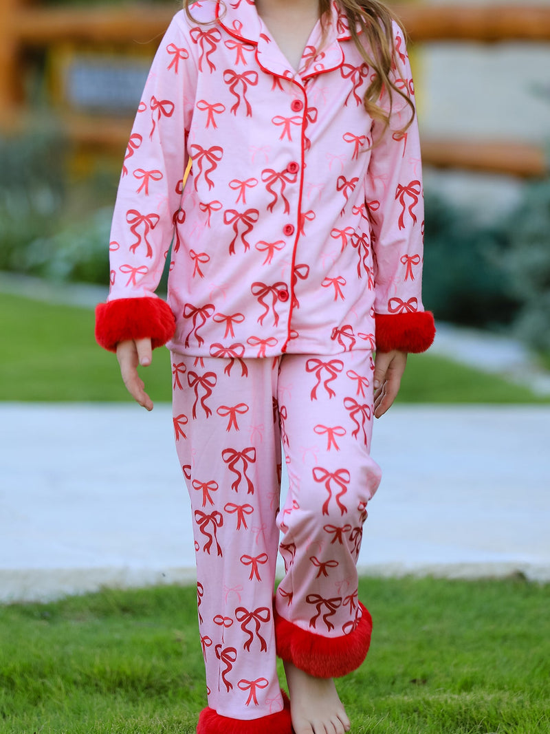 Bow Girls Pajama Set with Furry Trim - 5