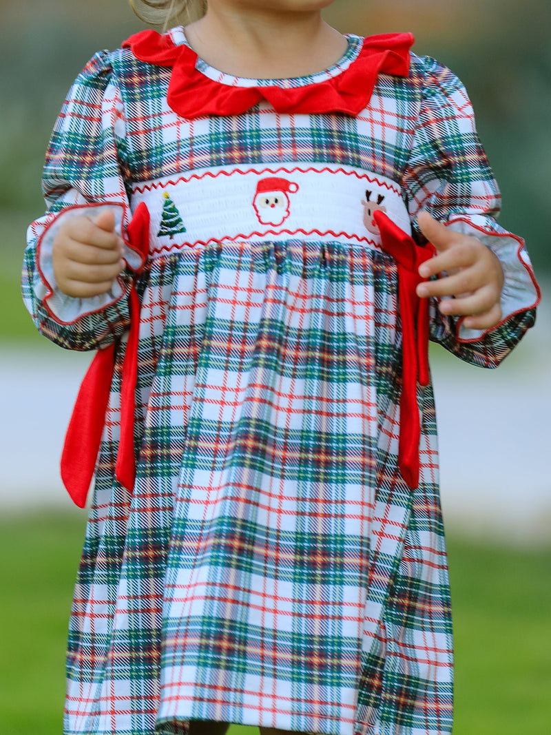 Christmas Embroidery Smocking Bow Plaid Girls Dress - 2